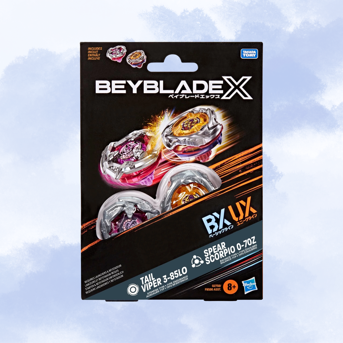 Beyblade X Tail Viper 3-85LO & Spear Scorpio 0-70Z toy packaging card featuring three Beyblades (purple, orange, and silver) on a black background with blue sky clouds around it.