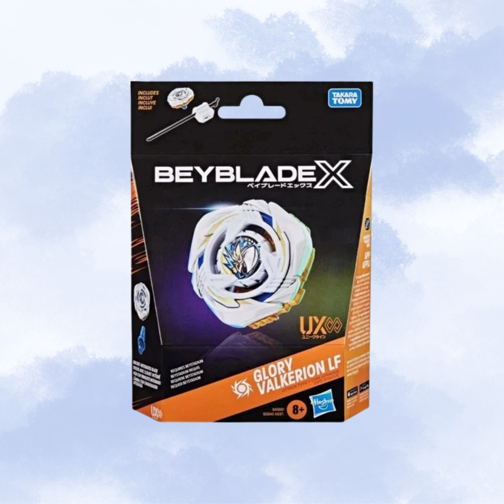 Beyblade X Ultra UX Fury Glory Valkеrion LF toy packaging by Hasbro, featuring a black and orange box with a central image of the white and blue Beyblade.
