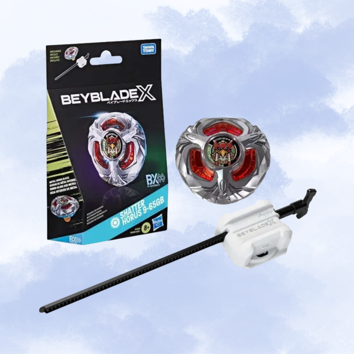 Shatter Horus 9-65GB Beyblade X product on a white and blue cloudy background