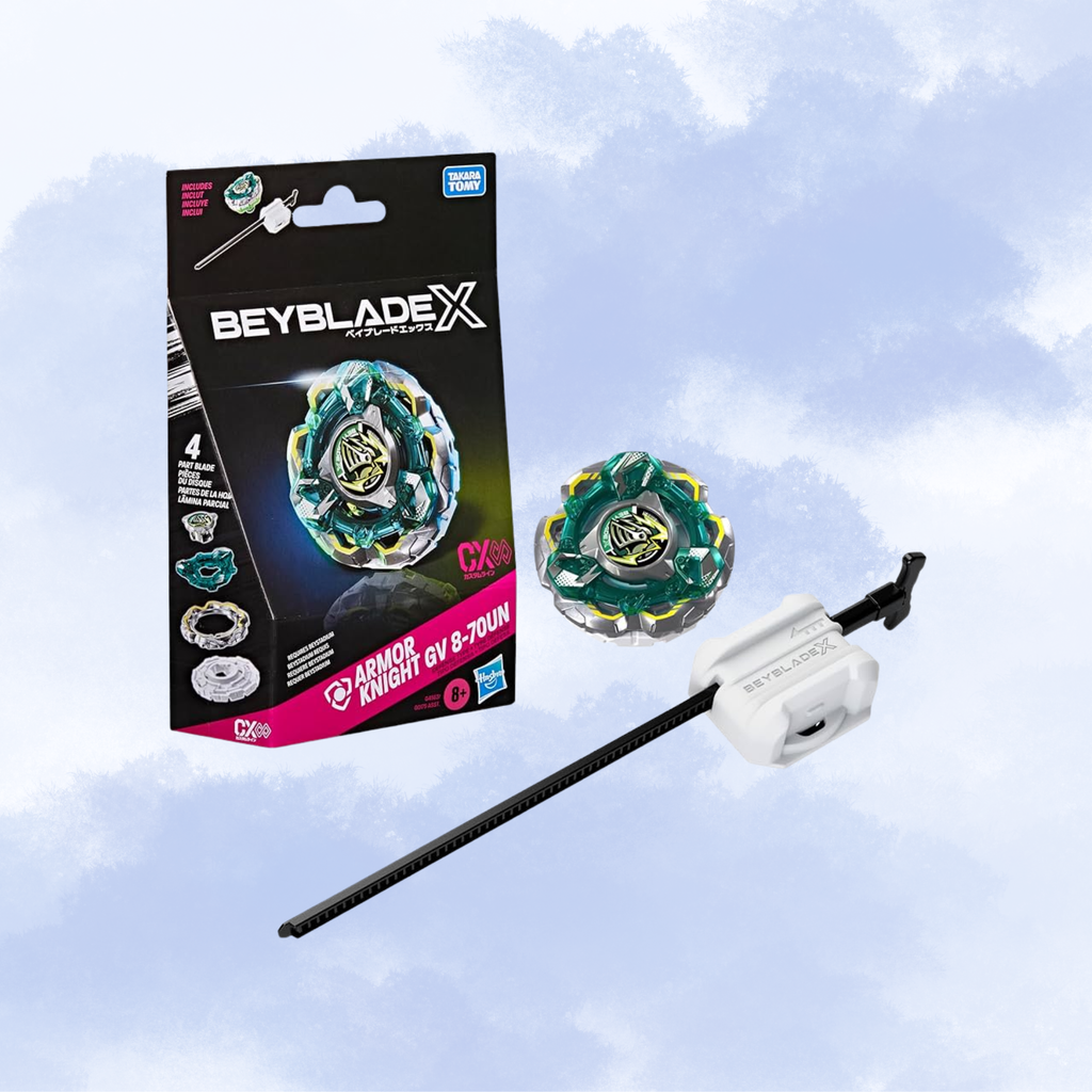 Beyblade X Armor Knight GV 8-70UN toy set with its retail packaging box and a spinning top, displayed against a light blue sky background with clouds.