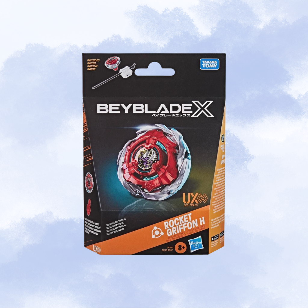 Beyblade X Rocket Griffon H toy packaging by Hasbro, featuring a red and silver Beyblade with a sword accessory on a black and orange box against a light blue cloudy background.