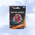 Beyblade X Rocket Griffon H toy packaging by Hasbro, featuring a red and silver Beyblade with a sword accessory on a black and orange box against a light blue cloudy background.