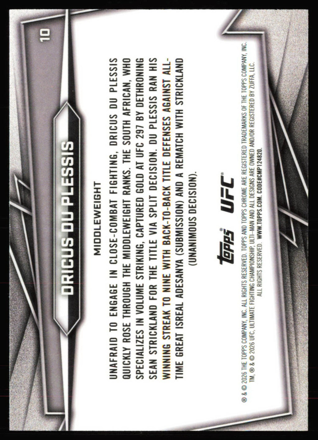 2026 Topps Chrome UFC Aqua Refractor Dricus Du Plessis 10 /199