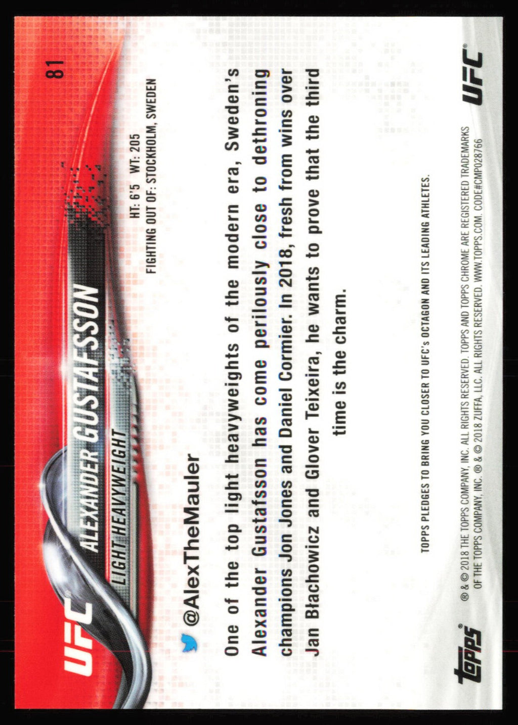 2018 Topps Chrome UFC On Card Auto Diamond Alexander Gustafsson 81 - back