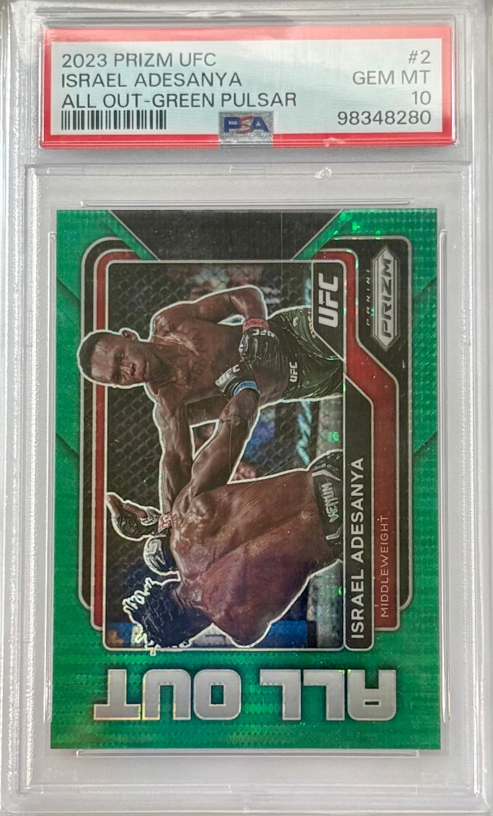 2023 Panini Prizm UFC PSA 10 All Out Green Pulsar Prizms Israel Adesanya 2 /25