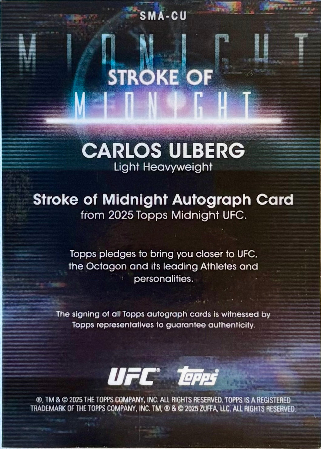2025 Topps Midnight UFC Carlos Ulberg On Card Auto SMA-CU - back