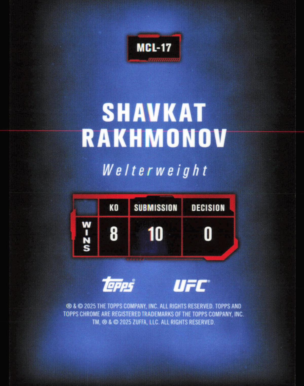 Topps Chrome UFC Mission Control Gold Refractor Shavkat Rakhmonov MCL-17 /50