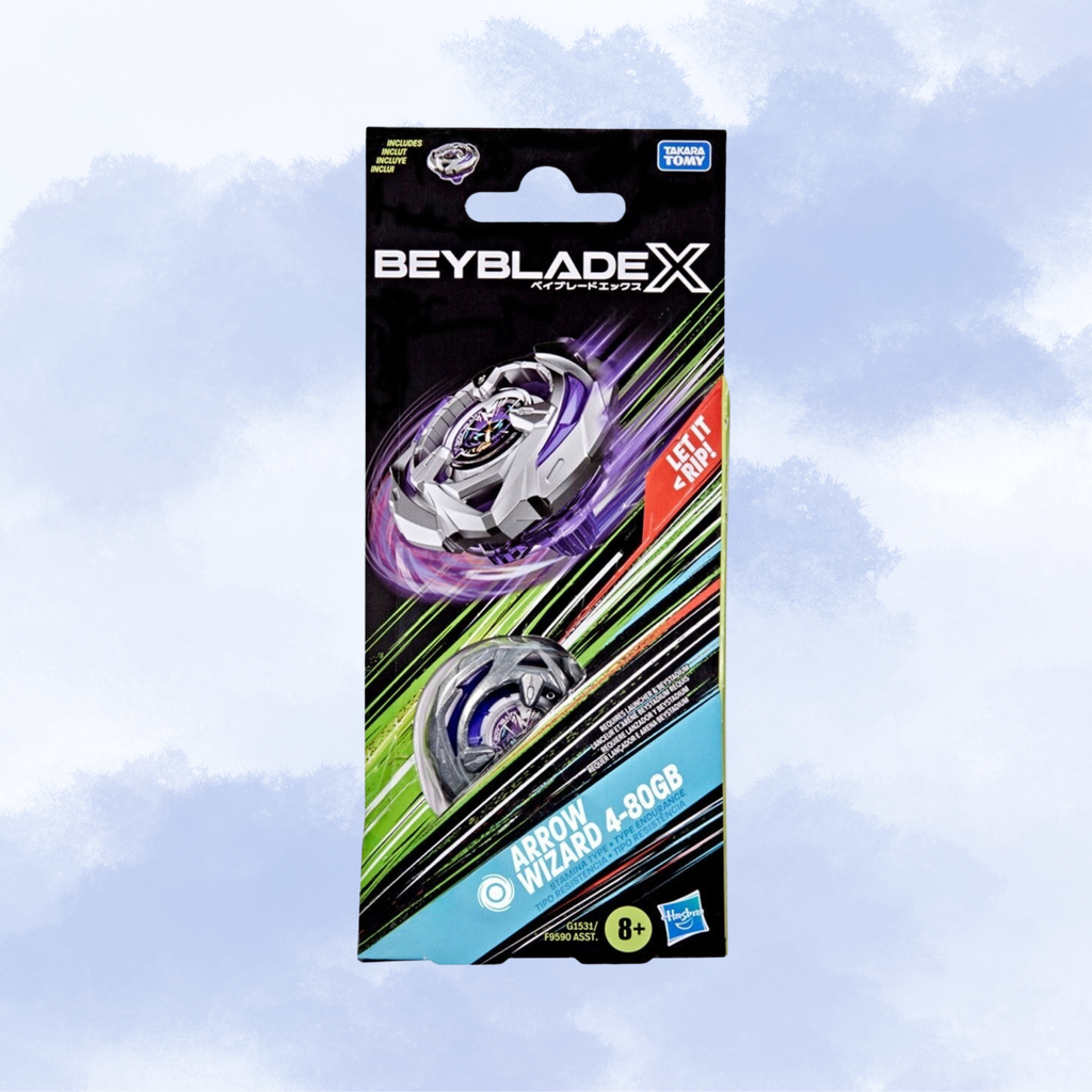 Beyblade X Arrow Wizard 4-80GB toy packaging featuring a Beyblade X design with Beyblade and Hasbro branding, set against a light blue cloudy background.