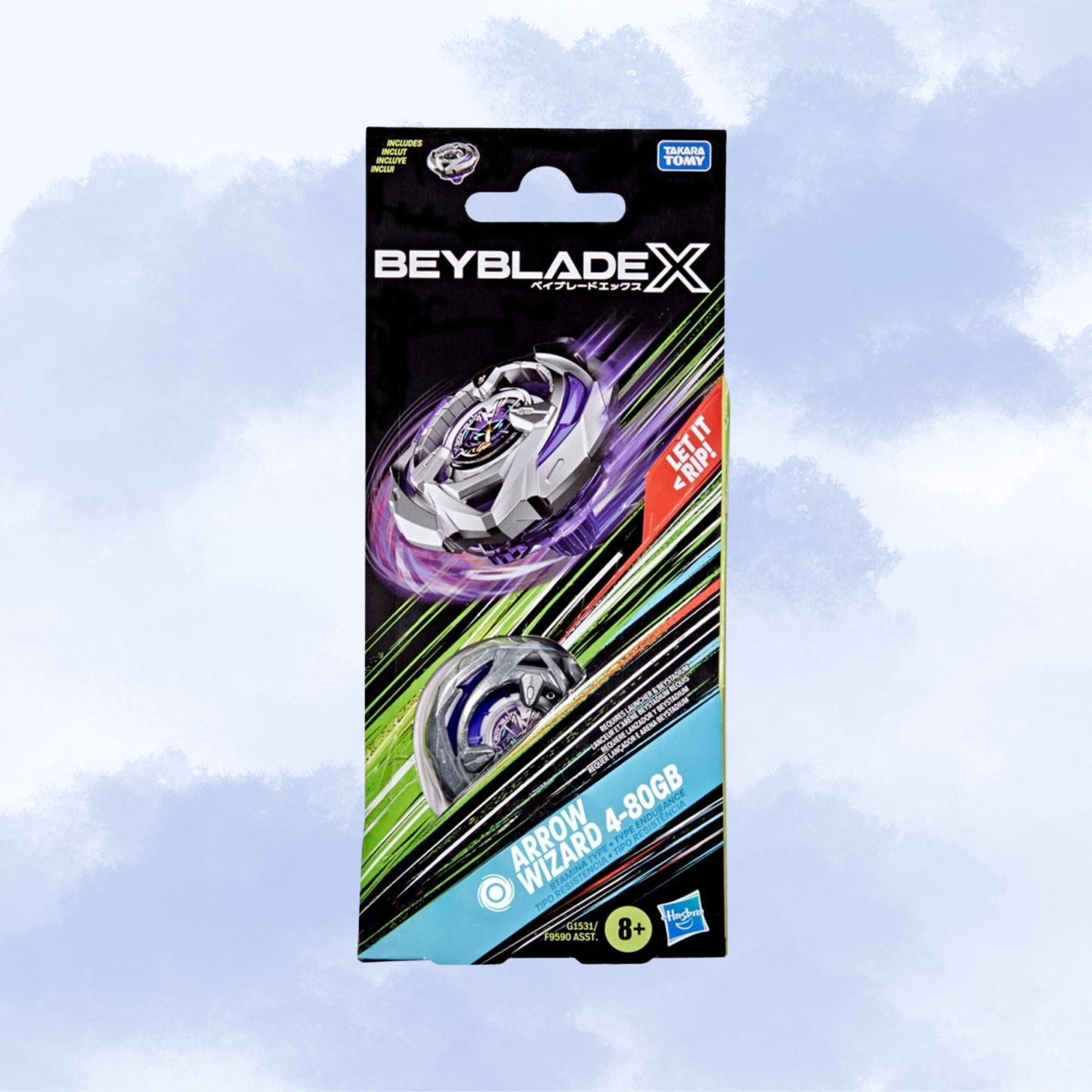 Beyblade X Arrow Wizard 4-80GB toy packaging featuring a Beyblade X design with Beyblade and Hasbro branding, set against a light blue cloudy background.