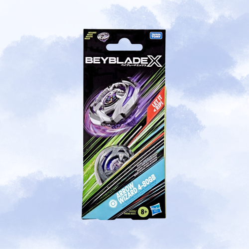 Beyblade X Arrow Wizard 4-80GB toy packaging featuring a Beyblade X design with Beyblade and Hasbro branding, set against a light blue cloudy background.