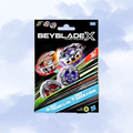 Beyblade X packaging featuring two toy tops: Beat Tyranno 4-70Q, Knife Shinobi 4-80HN shown against a light blue cloudy background.