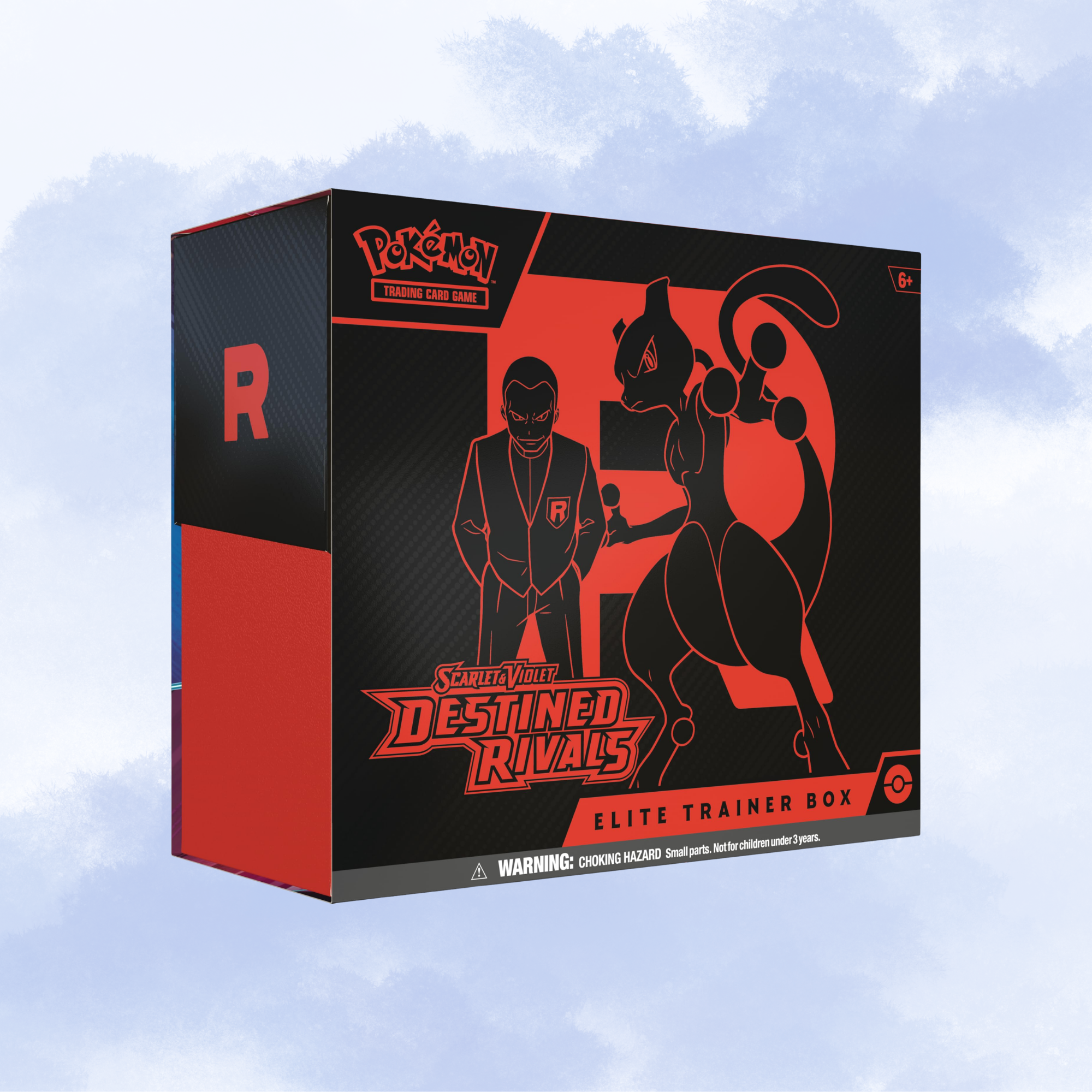 Pokémon Elite Trainer Box for the Scarlet & Violet: Destined Rivals expansion, featuring a black and red box design with Mewtwo and a trainer silhouette graphic, shown against a light blue cloudy background.