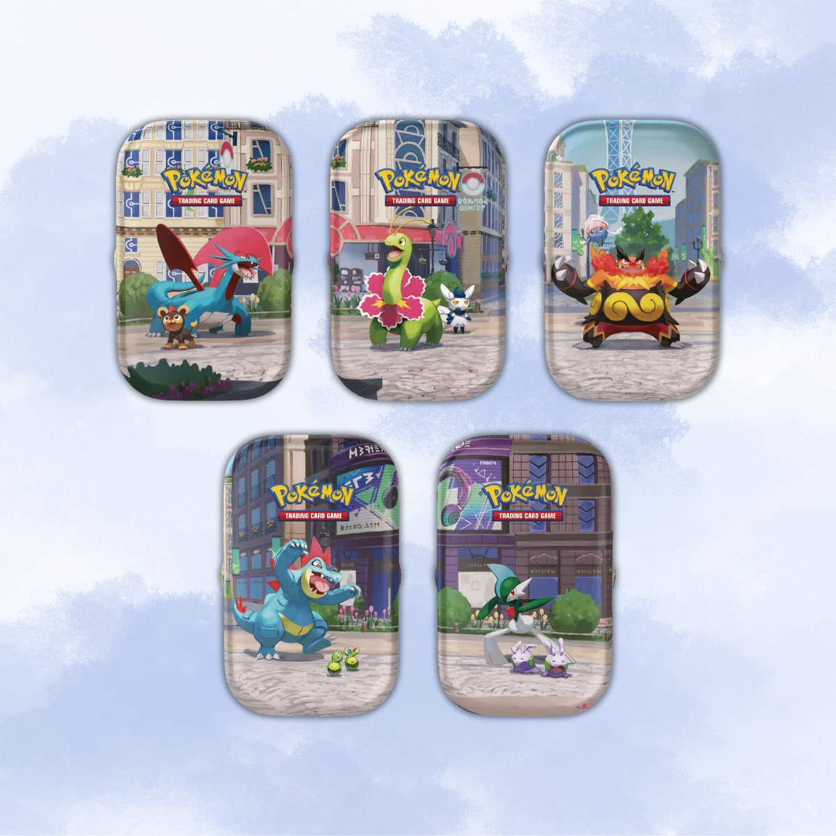 Five Pokémon mini tins featuring various Pokémon on the front including Salamance, Meganium, Emboar, Feraligatr and Gallade with a colourful background