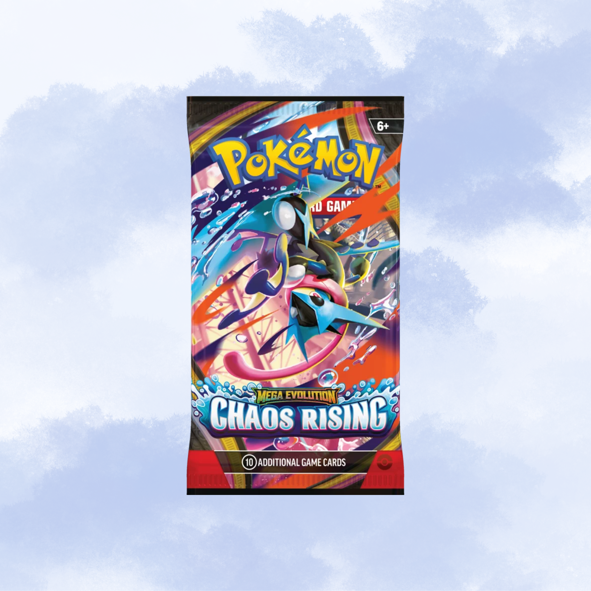 A Pokémon TCG booster pack for the Chaos Rising expansion, featuring artwork of Mega Greninja on a colorful illustrated background, centered against a light blue cloudy sky backdrop.