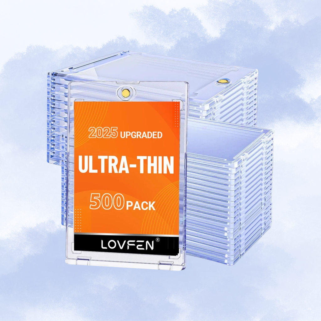 Ultra thin Lovfen magnetic card holders for trading cards and sports cards, features with an orange label on the front on a cloudy background
