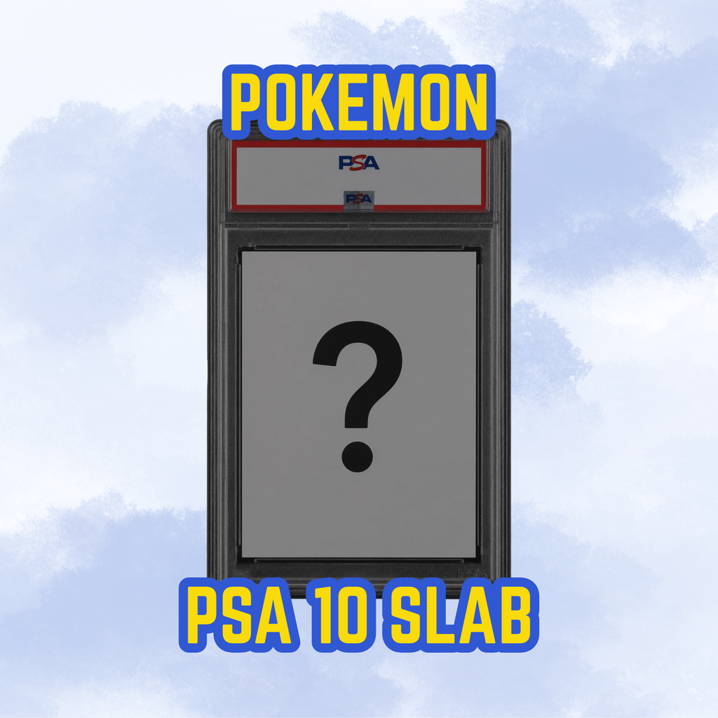 A PSA graded Pokémon slab with a large black question mark on the front, set against a light blue cloudy background. Bold yellow and blue text at the top and bottom reads 'POKEMON' and 'PSA 10 SLAB'.