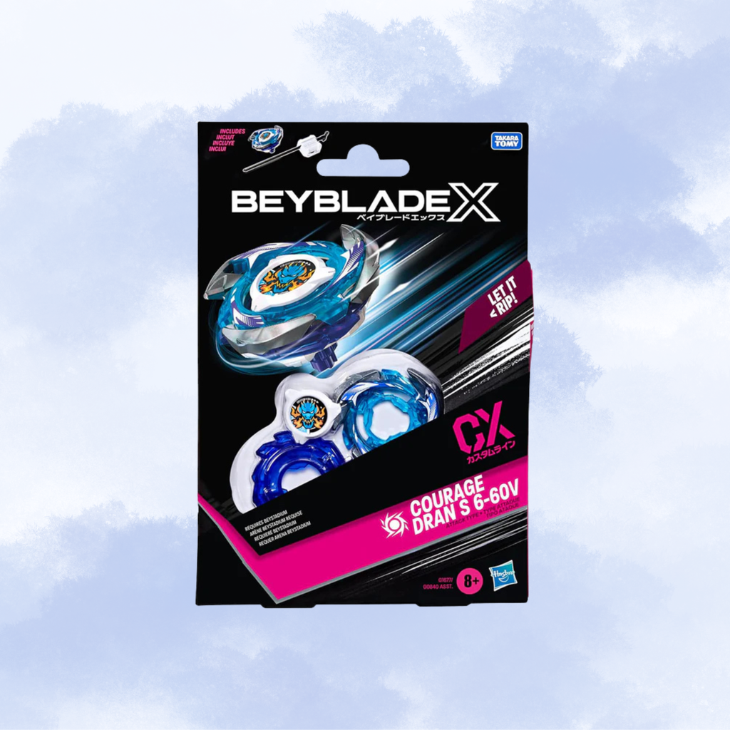 Beyblade X  Courage Dran 6-60V set in its original retail packaging, featuring a blue and silver Beyblade and a matching blue accessory against a black card with pink and white graphics, set against a light blue cloudy background.