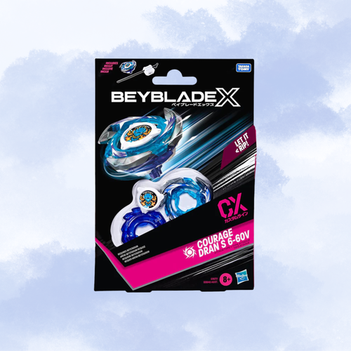 Beyblade X  Courage Dran 6-60V set in its original retail packaging, featuring a blue and silver Beyblade and a matching blue accessory against a black card with pink and white graphics, set against a light blue cloudy background.