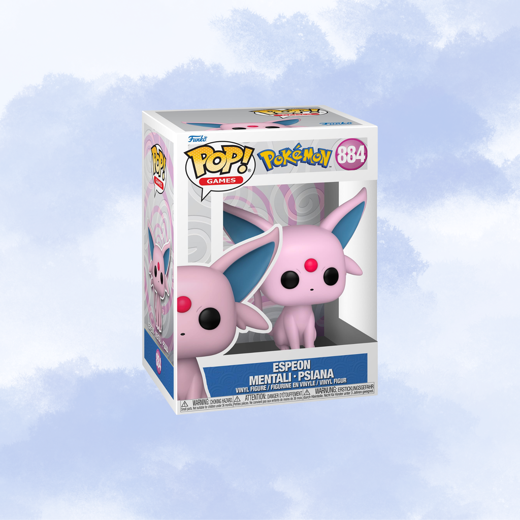 Funko Pop! Vinyl Figure of Espelon (Mentau Psiana), number 884 from the Pokémon TCG, shown in its original window box packaging against a light blue cloudy background.