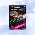 Beyblade X Metal Wars Flame Cerberus W 5-80WB toy set in its original retail packaging, featuring a black and pink card with images of the spinning tops against a light blue cloudy background.