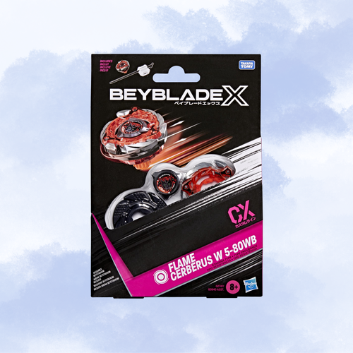 Beyblade X Metal Wars Flame Cerberus W 5-80WB toy set in its original retail packaging, featuring a black and pink card with images of the spinning tops against a light blue cloudy background.