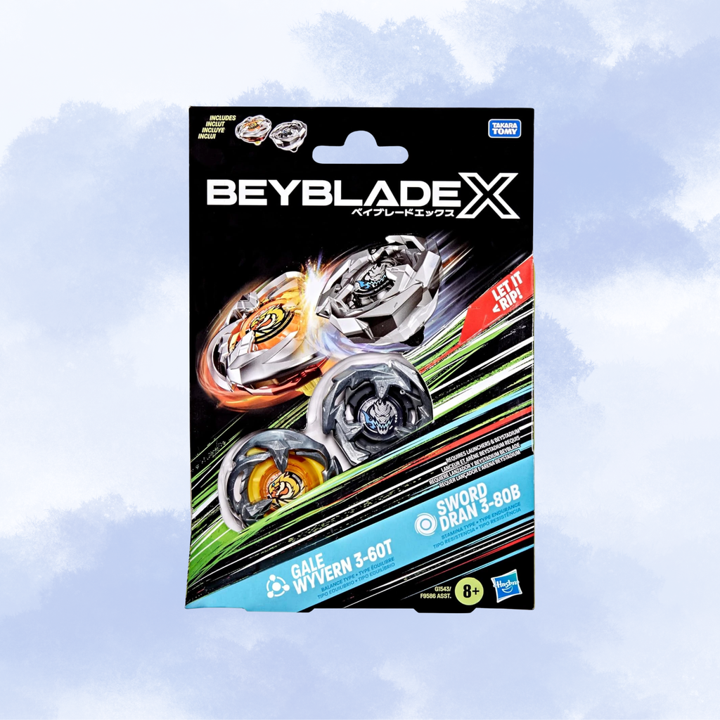 Beyblade X Gale Wyvern 3-60T and Sword Dran 3-80B toy set in its original retail packaging, shown against a light blue cloudy sky background.