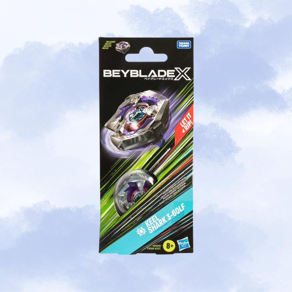 Beyblade X Keel Shark 3-60LF toy packaging, featuring the Beyblade X 3-star battle top on a black, green background