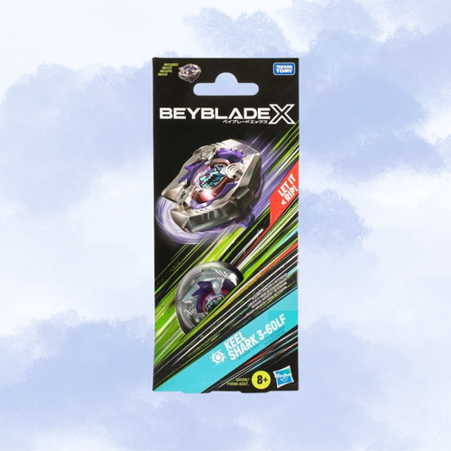 Beyblade X Keel Shark 3-60LF toy packaging, featuring the Beyblade X 3-star battle top on a black, green background