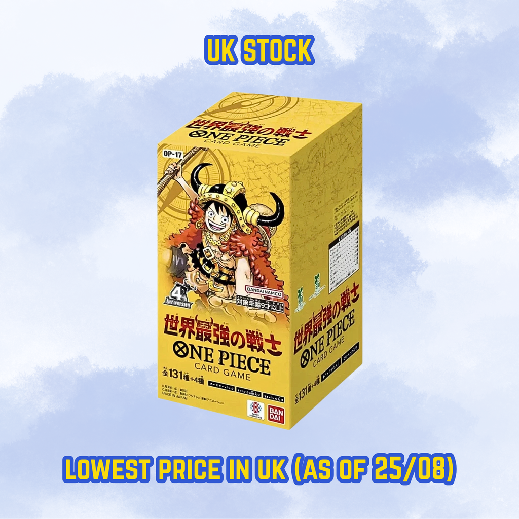 A yellow One Piece card game box with anime character artwork featuring Monkey D. Luffy, shown against a light blue cloudy background. Blue text at the top reads 'UK STOCK' and text at the bottom reads 'LOWEST PRICE IN UK (AS OF 25/08)'.