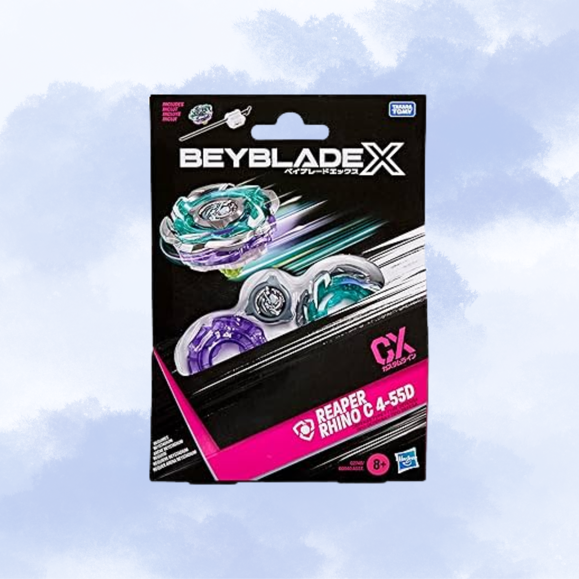 Beyblade X CX Reaper Rhino C 4-55D toy set in its original black and pink packaging, shown against a light blue cloudy sky background.