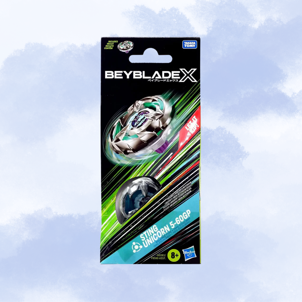 Beyblade X Sting Unicorn 5-60GP toy packaging card featuring a Beyblade spinning top, shown against a light blue cloudy background.
