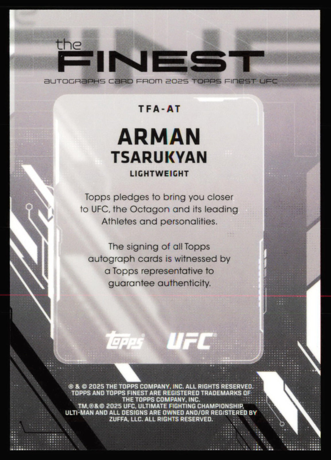 Topps Finest UFC The Finest Autographs Arman Tsarukyan On Card Auto TFA-AT