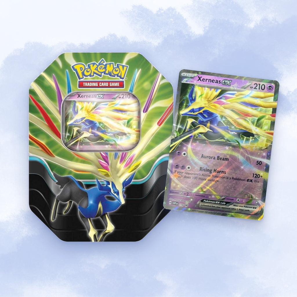 Pokémon TCG Azure Legends Tin (Xerneas ex) with its foil promo card