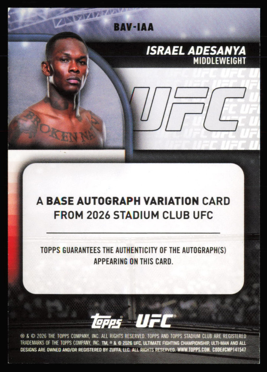 Topps Stadium Club UFC Base Autographs Gold Israel Adesanya Auto BAV-IAA /50