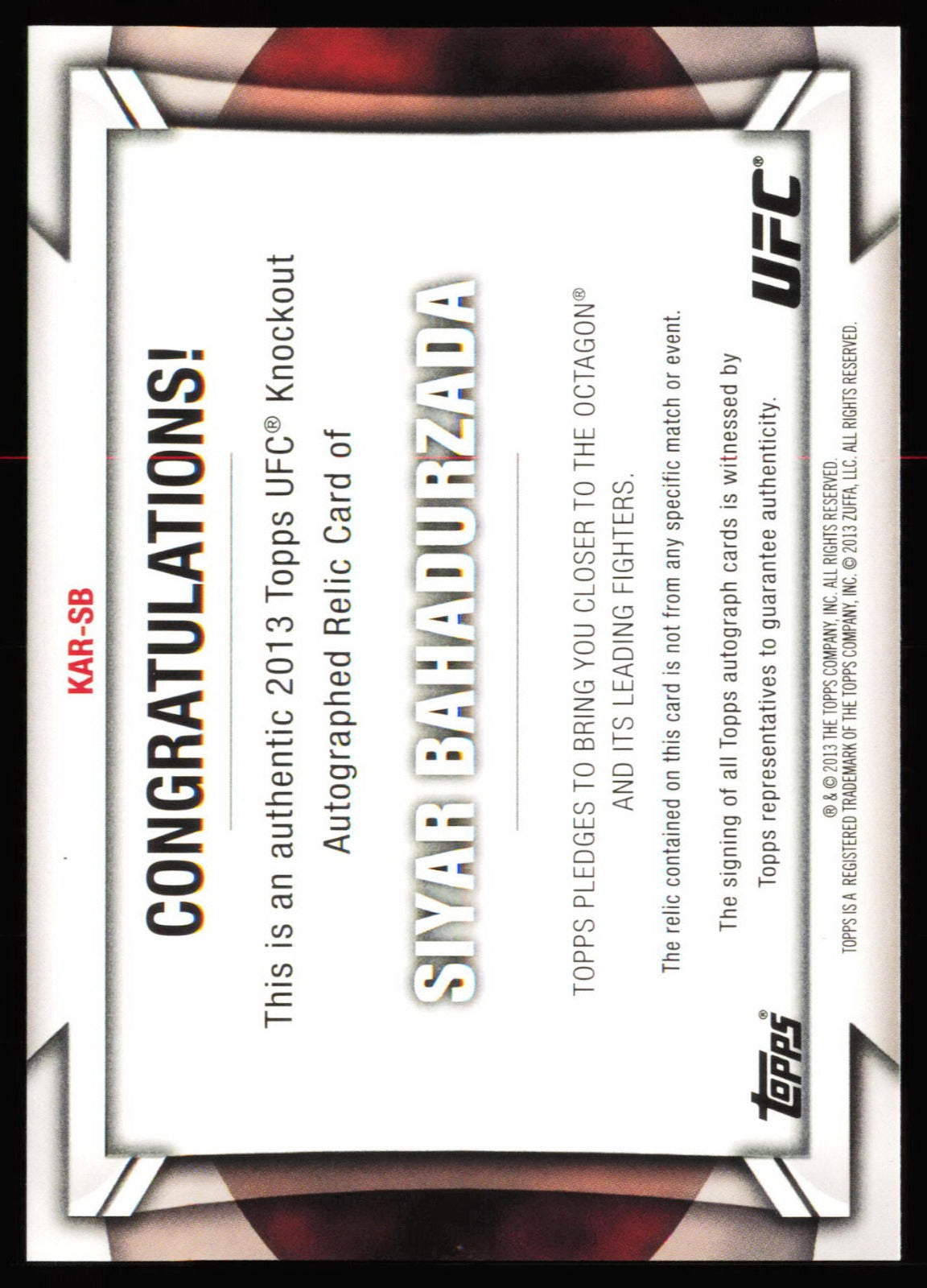 Topps UFC Knockout Fighter Relics Autographs Siyar Bahadurzada Auto KAR-SB /399