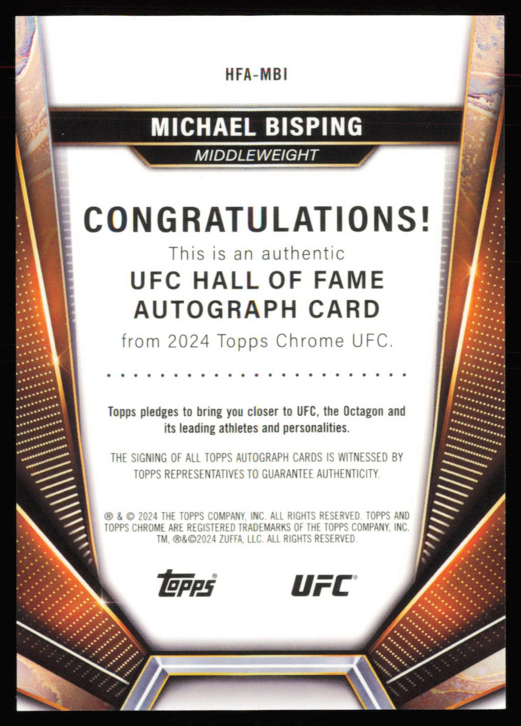 2024 Topps Chrome UFC Michael Bisping HOF Auto HFA-MBI 10/10 Last On Print - back