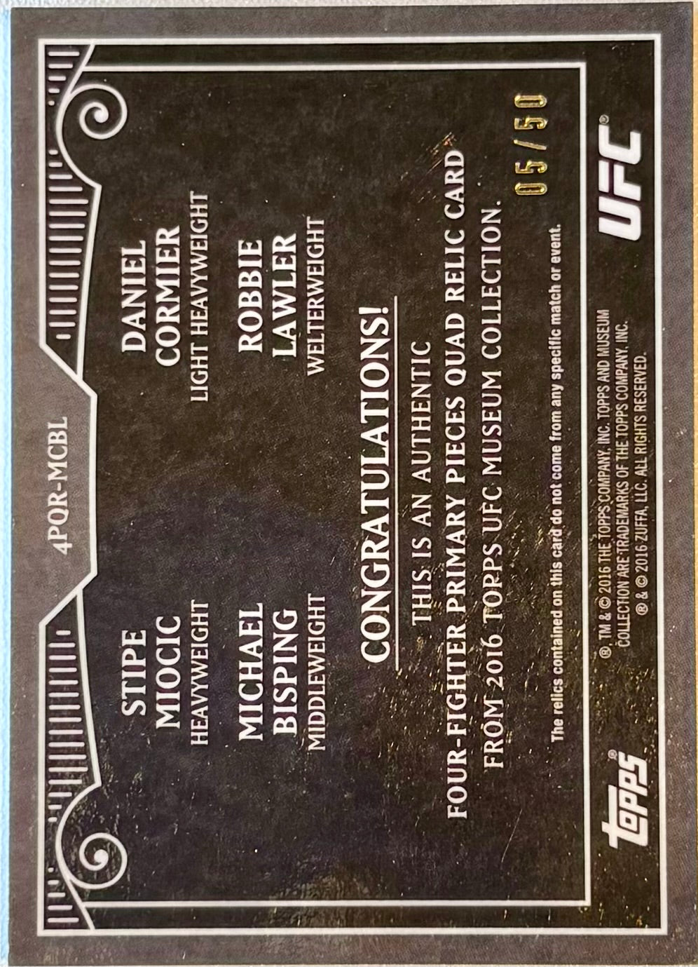 2016 Topps UFC Museum Collection Relics Lawler/Miocic/Bisping/Cormier MCBL /50