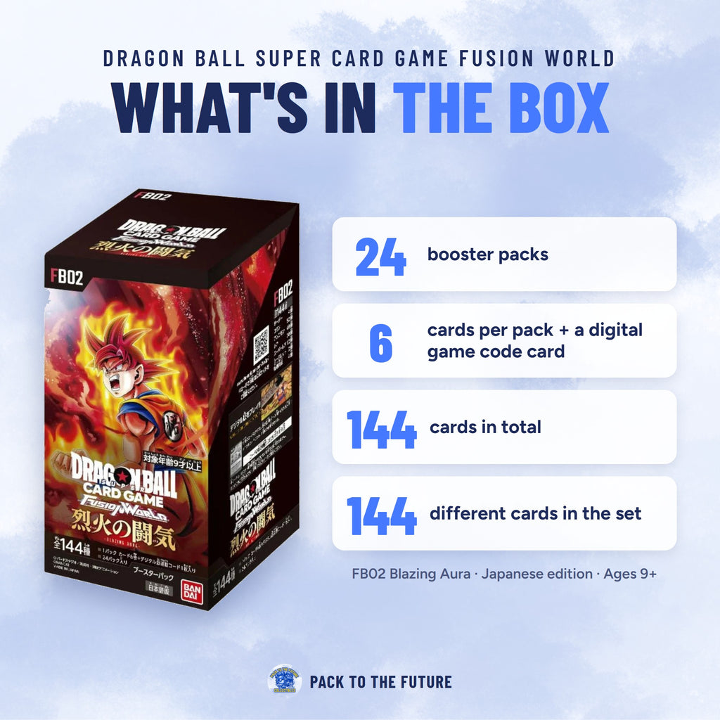 Dragon Ball Super Card Game FB02 Blazing Aura Japanese Booster Box - Factory Sealed - what's in the box