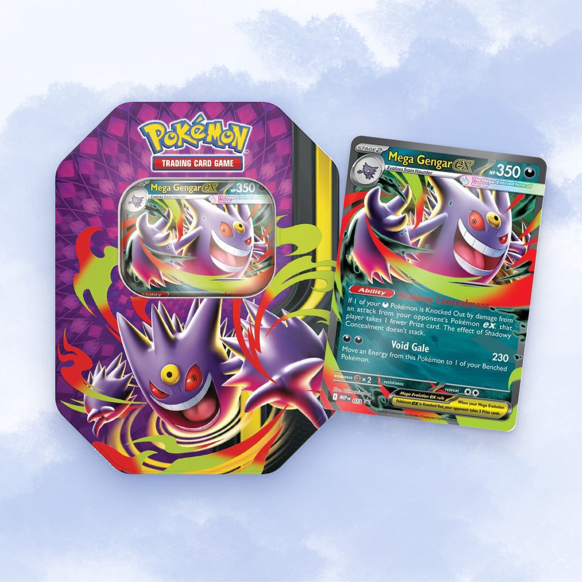 Pokémon TCG Mega Moonlit Tin (Mega Gengar ex) with its foil promo card