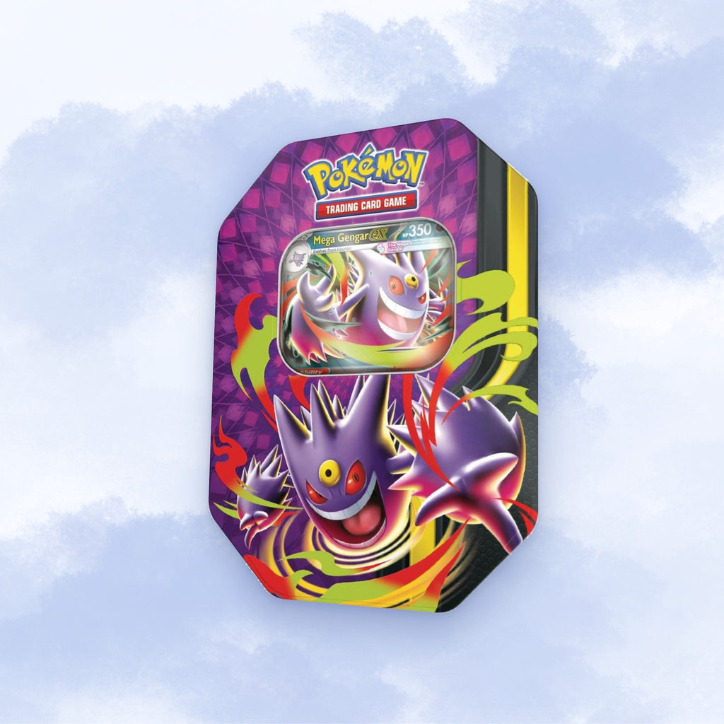 Pokémon TCG Mega Moonlit Tin (Mega Gengar ex) angled view
