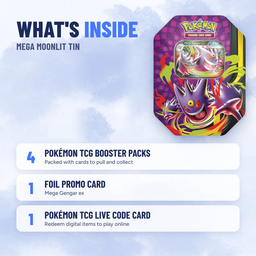 Pokémon TCG Mega Moonlit Tin (Mega Gengar ex) what's inside