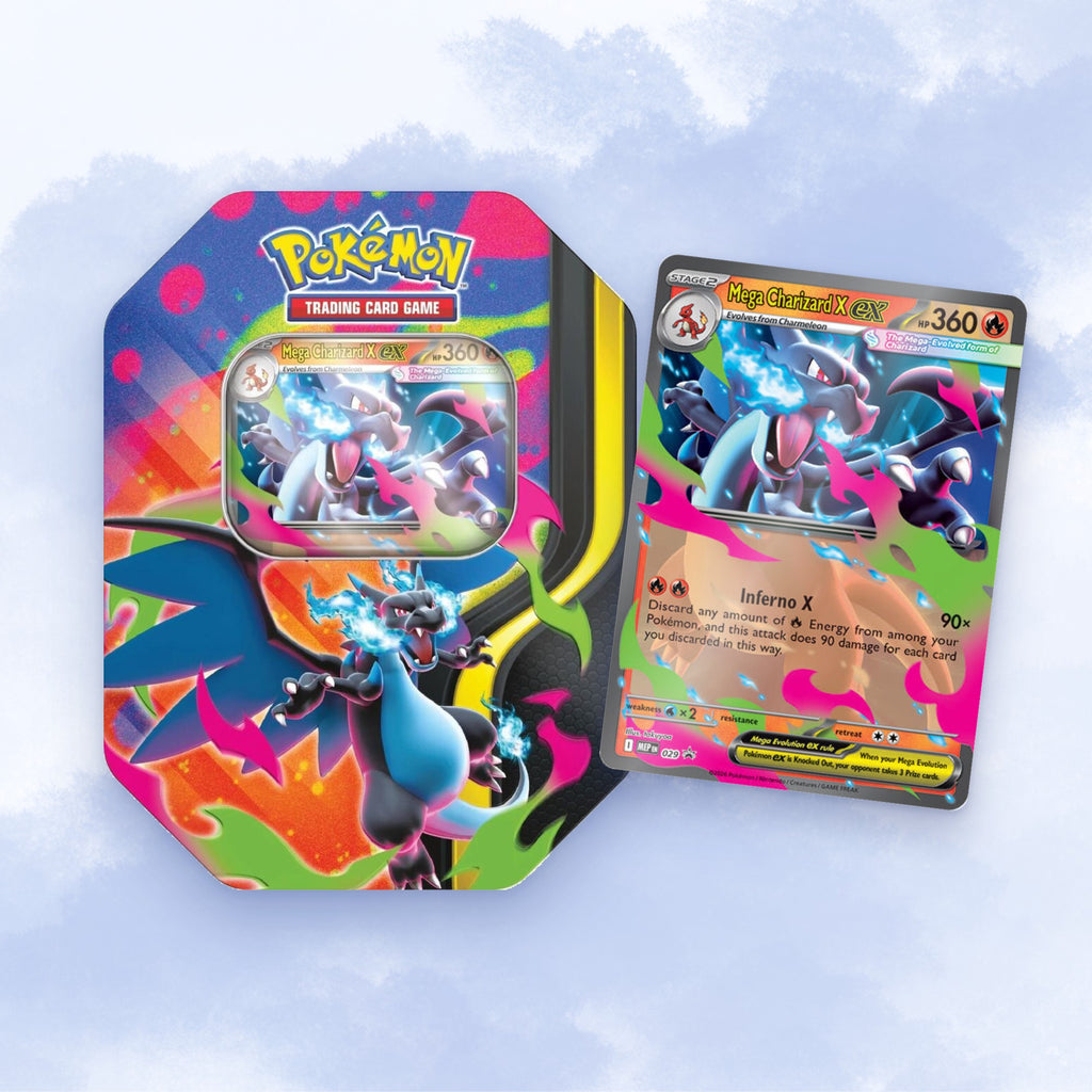 Pokémon TCG Mega Charizard X ex Tin with its foil promo card