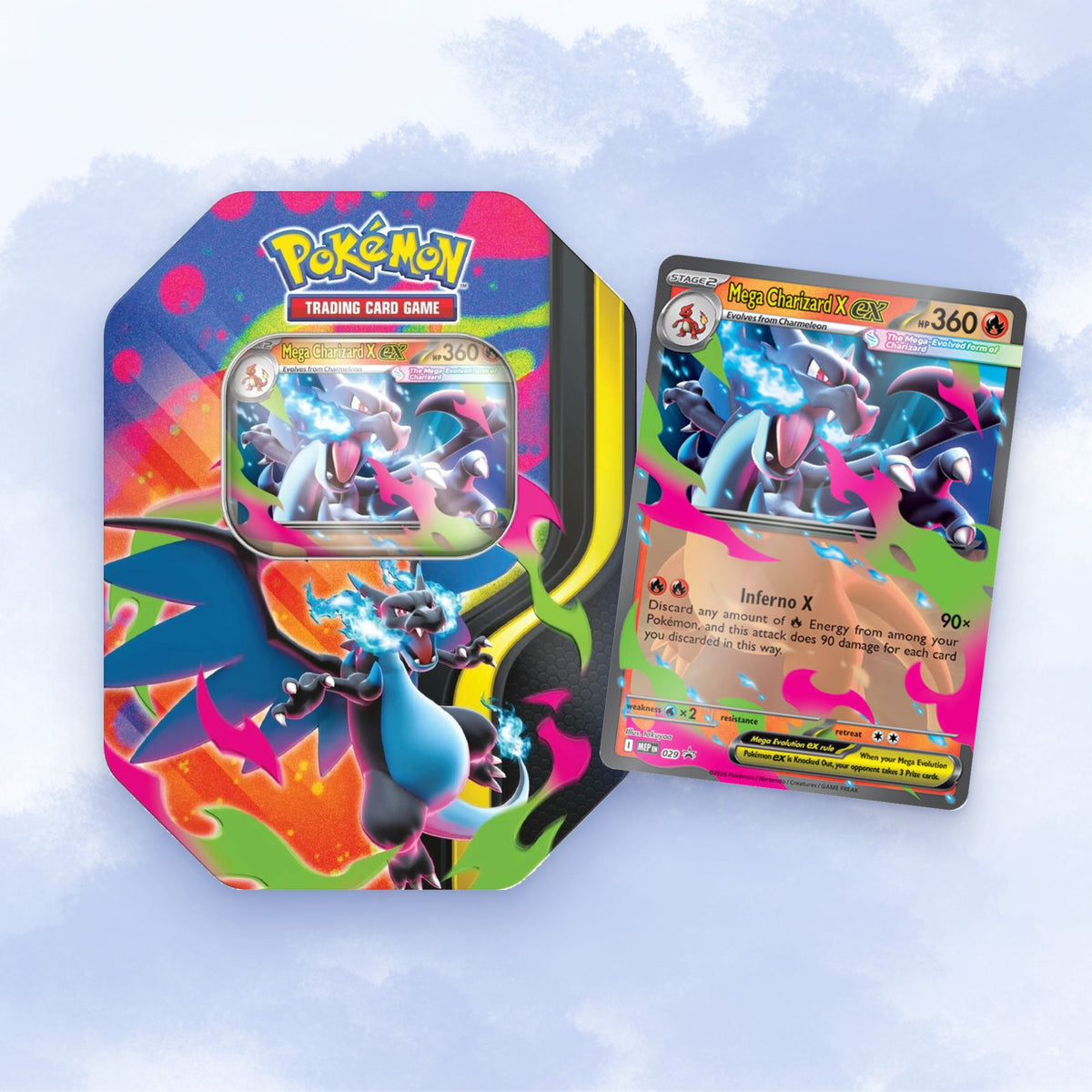 Pokémon TCG Mega Charizard X ex Tin with its foil promo card