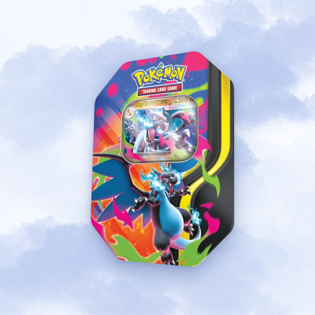 Pokémon TCG Mega Charizard X ex Tin angled view