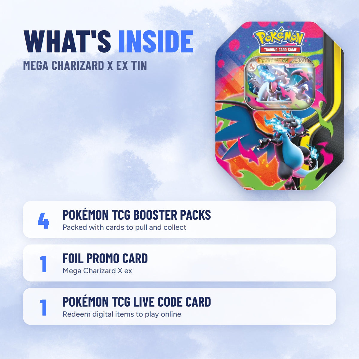 Pokémon TCG Mega Charizard X ex Tin what's inside