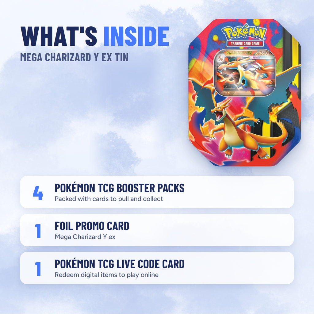 Pokémon TCG Mega Charizard Y ex Tin what's inside